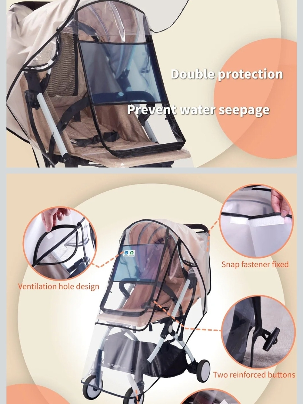 Baby Stroller Rain Cover - Clear/Beige Protective Canopy